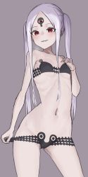Rule 34 | 1girl, abigail williams (fate), abigail williams (swimsuit foreigner) (fate), abigail williams (swimsuit foreigner) (first ascension) (fate), bare shoulders, bikini, black bikini, black bow, blush, bow, breasts, collarbone, colored skin, double bun, fate/grand order, fate (series), forehead, grin, hair bun, keyhole, kopaka (karda nui), long hair, looking at viewer, multiple bows, navel, orange bow, panties, panty pull, parted bangs, purple eyes, red eyes, sidelocks, small breasts, smile, solo, swimsuit, teeth, thighs, third eye, underwear, white hair, white skin