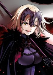 Rule 34 | 1girl, :d, absurdres, banner, blonde hair, breasts, breasts apart, cape, chain, fate/grand order, fate (series), gauntlets, hair ornament, highres, holding, jeanne d&#039;arc (fate), jeanne d&#039;arc alter (avenger) (fate), jeanne d&#039;arc alter (avenger) (first ascension) (fate), jeanne d&#039;arc alter (fate), large breasts, looking at viewer, open mouth, short hair, smile, solo, tate (donnguriumai), upper body, yellow eyes