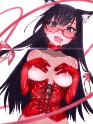 Rule 34 | 1girl, animal ears, bdsm, black eyes, black hair, blurry, blurry foreground, blush, bondage, bondage outfit, bound, breast suppress, breasts, cat ears, choker, collar, corset, depth of field, drooling, elbow gloves, glasses, gloves, highres, long hair, looking at viewer, mole, mole under eye, mouth drool, nipples, open mouth, original, out-of-frame censoring, red choker, red gloves, saliva, semi-rimless eyewear, shokushi yuu, small breasts, solo, under-rim eyewear, upper body