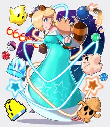 Rule 34 | 1girl, 3others, absurdres, animal crossing, animal ears, artist name, ass, back, black eyes, blonde hair, blue dress, blue eyes, bomb, commentary, creatures (company), crown, doseisan, dress, earrings, english commentary, explosive, fireball, freezie, full body, galaxy, game freak, gyroid (animal crossing), hair over one eye, highres, holding, holding wand, ice, jewelry, lips, lloid, long hair, long sleeves, looking at viewer, luma (mario), lying, mario (series), master ball, mother (game), multiple others, nintendo, on back, pac-man (game), poke ball, pokemon, raccoon ears, raccoon girl, raccoon tail, rocket, rosalina, sarukaiwolf, shadow, simple background, star (symbol), star bit, star earrings, super leaf (transformation), super mario galaxy, super smash bros., tail, the legend of zelda, the legend of zelda: the wind waker, wand