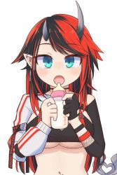 Rule 34 | 1girl, arm strap, baby bottle, bikini, black bikini, black hair, blue eyes, blush, bottle, breasts, commentary, compression sleeve, demon girl, demon horns, demon tail, ear piercing, holding, holding bottle, horns, jacket, jewelry, large breasts, long hair, looking at viewer, multicolored hair, nanashi inc., navel piercing, necklace, no eyewear, official alternate costume, open mouth, piercing, pointy ears, red hair, ryugasaki rene, ryugasaki rene (2nd costume), shrug (clothing), simple background, smith.s, solo, striped clothes, striped jacket, sugar lyric, swimsuit, tail, transparent background, two-tone hair, underboob, upper body, virtual youtuber, white jacket