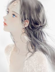 Rule 34 | 1girl, artist name, black hair, blue eyes, dadachyo, earrings, eyelashes, forehead jewel, from side, gem, half updo, highres, jewelry, lace, lips, long hair, looking away, looking up, original, parted lips, portrait, simple background, solo, transparent, watermark, web address, white background