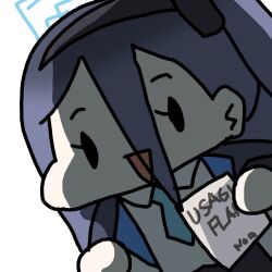 Rule 34 | 1girl, aris (blue archive), black hair, blue archive, blue halo, blue necktie, chibi, close-up, commentary, halo, holding, long hair, looking at viewer, necktie, school uniform, sechi (sechihyeo), shaded face, shirt, sidelighting, simple background, smile, solid oval eyes, solo, triangle mouth, upper body, white background, white shirt