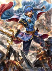 Rule 34 | 1boy, armor, blue eyes, blue hair, boots, cape, company connection, copyright name, fighting, fingerless gloves, fire emblem, fire emblem: mystery of the emblem, fire emblem cipher, gauntlets, gloves, helmet, holding, holding weapon, jewelry, knee boots, male focus, marth (fire emblem), nintendo, open mouth, pants, shield, short hair, short sleeves, solo focus, sword, taneda kazuhiro, tiara, weapon