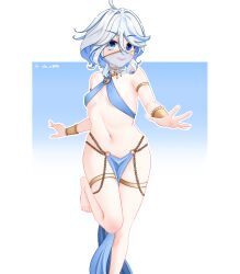 Rule 34 | 1girl, :d, absurdres, ahoge, alternate costume, armlet, bare shoulders, barefoot, blue eyes, blue hair, bracelet, breasts, brooch, commentary, dancer, foot out of frame, furina (genshin impact), genshin impact, hair intakes, halterneck, highres, jewelry, loincloth, looking at viewer, mouth veil, multicolored hair, navel, neck ring, open mouth, short hair, small breasts, smile, solo, standing, standing on one leg, stomach, streaked hair, thighlet, thighs, veil, white hair, xxx da n00b xxx