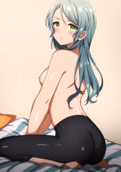 Rule 34 | 1girl, aqua hair, ass, bang dream!, black leggings, blush, breasts, commentary request, from side, green eyes, highres, hikawa sayo, indoors, leggings, long hair, looking at viewer, medium breasts, nipples, noshimurin, on bed, seiza, sitting, solo, sweat, topless