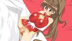 Rule 34 | 1girl, ahoge, bare shoulders, bed, blush, breasts, brown eyes, brown hair, censored, china dress, chinese clothes, cleavage, cleavage cutout, clothed sex, clothing cutout, covered erect nipples, dress, elbow gloves, embarrassed, from above, gloves, groin, high ponytail, highres, huge breasts, indoors, long hair, lying, makarou, matching hair/eyes, mosaic censoring, no panties, nose blush, on bed, open mouth, penis, ponytail, pussy, sex, solo focus, spread legs, taneshima popura, thighhighs, vaginal, working!!