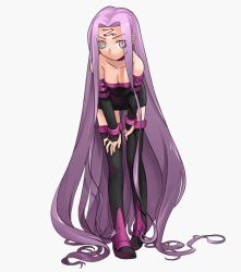 Rule 34 | 00s, 1girl, bare shoulders, bent over, breasts, cleavage, detached sleeves, dress, fate/stay night, fate (series), female focus, full body, large breasts, long hair, medusa (fate), medusa (rider) (fate), non-web source, pink eyes, simple background, solo, strapless, strapless dress, thighhighs, very long hair