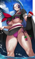 Rule 34 | 1girl, absurdres, beads, bikini, bikini under clothes, black sailor collar, black serafuku, black shirt, black skirt, breasts, choker, clothes lift, crop top, crop top overhang, fate/grand order, fate (series), fingerless gloves, gloves, highres, large breasts, long hair, long skirt, low-tied long hair, minamoto no raikou (fate), minamoto no raikou (fate/grand order), minamoto no raikou (swimsuit lancer) (fate), minamoto no raikou (swimsuit lancer) (second ascension) (fate), navel, parted bangs, pleated skirt, purple bikini, purple eyes, purple hair, red gloves, red neckwear, revision, rope, sailor collar, school uniform, serafuku, shirt, short sleeves, skirt, skirt lift, solo, swimsuit, thighs, underboob, very long hair, wading, water, yoshio (55level)