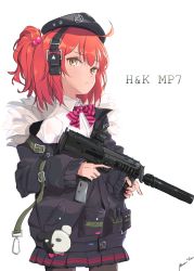 Rule 34 | 1girl, ahoge, arm strap, belt, beret, black pantyhose, black skirt, blush, bow, bowtie, buckle, candy, character name, closed mouth, collared shirt, food, fur-trimmed jacket, fur trim, girls&#039; frontline, gun, h&amp;k mp7, hair between eyes, hair ornament, hat, headphones, heckler &amp; koch, holding, holding gun, holding weapon, jacket, lollipop, long sleeves, looking at viewer, machine pistol, military, miniskirt, mono (resu), mp7 (girls&#039; frontline), off shoulder, pantyhose, personal defense weapon, pink bow, pink hair, pleated skirt, pocket, ponytail, pouch, shirt, sidelocks, signature, simple background, skirt, solo, strap, striped bow, striped bowtie, striped clothes, striped neckwear, submachine gun, suppressor, trigger discipline, weapon, white background, white shirt, yellow eyes
