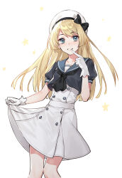 Rule 34 | 1girl, blonde hair, blue eyes, blue sailor collar, dress, feet out of frame, gloves, hat, jervis (kancolle), kangetsu (fhalei), kantai collection, long hair, looking at viewer, open mouth, puffy short sleeves, puffy sleeves, sailor collar, sailor dress, sailor hat, short sleeves, simple background, smile, solo, star (symbol), white background, white dress, white gloves, white hat