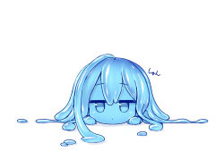 Rule 34 | 1girl, ahoge, blue eyes, blue hair, blue sclera, blue skin, closed mouth, colored sclera, colored skin, curss, dot mouth, huge ahoge, jitome, looking at viewer, lying, melting, monster girl, on stomach, original, simple background, slime girl, solo, white background