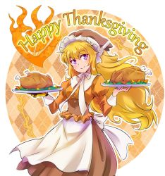 Rule 34 | 1girl, alternate costume, apron, blonde hair, blouse, check commentary, commentary request, corset, food, hat, head tilt, iesupa, orange shirt, outline, plate, prosthesis, prosthetic arm, purple eyes, rwby, shirt, solo, standing, thanksgiving, traditional clothes, turkey (food), white outline, yang xiao long