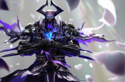 Rule 34 | 1boy, armor, blue eyes, breastplate, cape, commentary request, fake horns, falling feathers, fate/grand order, fate (series), feathers, gauntlets, glowing, glowing eyes, greatsword, hands on hilt, highres, horned headwear, horns, king hassan (fate), looking at viewer, male focus, mask, mrpk, pauldrons, planted, planted sword, planted weapon, purple cape, shoulder armor, signature, skull, skull mask, solo, sword, upper body, weapon