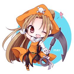 Rule 34 | 1girl, ;d, anchor, bad id, bad pixiv id, brown eyes, brown hair, character name, chibi, guilty gear, hat, holding, long hair, looking at viewer, may (guilty gear), one eye closed, open mouth, orange hat, orange shirt, pirate hat, ponytail, shirt, smile, solo, yukimiya (parupunta)