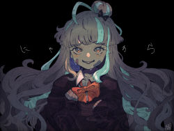 Rule 34 | 1girl, ahoge, black background, black bow, black sweater, blonde hair, blue eyes, blush, bow, bowtie, clenched hands, collared shirt, commentary, hair bow, hair bun, hands up, heart, heart-shaped pupils, highres, indie virtual youtuber, long hair, looking at viewer, multicolored hair, nyarura (vtuber), open mouth, red bow, ringed eyes, shirt, signature, single hair bun, sokura (mochichitose), solo, streaked hair, sweat, sweater, symbol-shaped pupils, tongue, upper body, virtual youtuber, white shirt