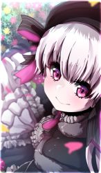 Rule 34 | 10s, 1girl, bad id, bad pixiv id, beret, black bow, black capelet, black dress, black hat, blurry, blurry foreground, blush, bow, capelet, closed mouth, depth of field, dress, fate/extra, fate (series), flower, food print, fur-trimmed capelet, fur trim, gothic lolita, hair between eyes, hat, highres, lolita fashion, mushroom print, nursery rhyme (fate), petals, pink flower, purple eyes, silver hair, smile, solo, striped, striped bow, wada kazu, yellow flower