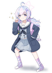 Rule 34 | 1girl, ahoge, backpack, bag, black jacket, black neckerchief, blue archive, blue hair, closed mouth, full body, grey serafuku, grey skirt, hair ornament, halo, highres, jacket, long hair, long sleeves, multicolored hair, neckerchief, open clothes, open jacket, pink hair, pink halo, pleated skirt, purple eyes, reisa (blue archive), sailor collar, school uniform, serafuku, shoes, simple background, skirt, smile, socks, solo, sparkle, star (symbol), star hair ornament, striped clothes, striped socks, twintails, uttsu (yumaviviane), white background, white sailor collar
