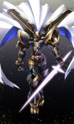 Rule 34 | 1boy, alphamon, armor, artist request, axe, cape, digimon, full armor, highres, holding, holding sword, holding weapon, looking at viewer, mechanical wings, no humans, red eyes, royal knights, simple background, sword, weapon, wings