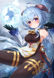 Rule 34 | 1girl, ahoge, armor, bare shoulders, bell, black bodysuit, black pantyhose, blue hair, blush, bodysuit, bow, breasts, commentary request, cowbell, detached sleeves, floating, ganyu (genshin impact), genshin impact, hands up, highres, horns, j2l, long hair, looking at viewer, low ponytail, magic, medium breasts, pantyhose, purple eyes, smile, solo, thighs, tree, water, wind, wind lift