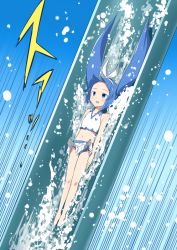 1girl bare_shoulders barefoot bikini bikini_skirt blue_eyes blue_hair blunt_bangs female_focus flat_chest hairband long_hair mascot matching_hair/eyes navel nipako open_mouth skirt slide solo swimsuit twintails ultimate_nipper water water_slide yuto_(dialique)