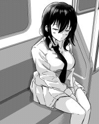 Rule 34 | 1girl, absurdres, alternate breast size, between legs, blush, breasts, closed eyes, closed mouth, collared shirt, commentary request, greyscale, halftone, hand between legs, highres, large breasts, long hair, long sleeves, low twintails, miniskirt, monochrome, necktie, own hands together, pleated skirt, school uniform, seat, shirt, sitting, skirt, sleeping, sleeping upright, solo, tamura yuri, train interior, twintails, v arms, wata9mm no, watashi ga motenai no wa dou kangaetemo omaera ga warui!