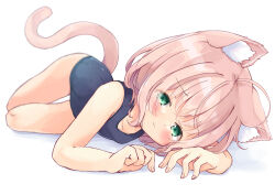 Rule 34 | 1girl, animal ear fluff, animal ears, arms up, bare arms, bare legs, bare shoulders, barefoot, blue one-piece swimsuit, blush, breasts, brown hair, cat ears, cat girl, cat tail, closed mouth, commentary request, full body, green eyes, hair between eyes, looking at viewer, manabe mana, old school swimsuit, one-piece swimsuit, original, school swimsuit, shadow, simple background, small breasts, solo, swimsuit, tail, wavy mouth, white background