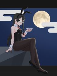 Rule 34 | 1girl, alternate costume, animal ears, black footwear, black hair, black leotard, black pantyhose, breasts, closed mouth, cup, detached collar, fake animal ears, full moon, geometrie, green eyes, high heels, holding, holding cup, kantai collection, leotard, long hair, looking at viewer, moon, necktie, ooyodo (kancolle), pantyhose, playboy bunny, rabbit ears, red necktie, sakazuki, small breasts, smile, solo, strapless, strapless leotard, touhou, wrist cuffs