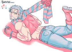 Rule 34 | 1boy, ass, bad id, bad pixiv id, bare shoulders, beard, boots, denim, facial hair, fingerless gloves, gloves, grey hair, jeans, jojo no kimyou na bouken, joseph joestar, joseph joestar (old), joseph joestar (young), male focus, manle, midriff, official alternate costume, old, pants, pink footwear, pink theme, red eyes, scarf, solo, striped clothes, striped scarf
