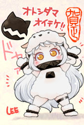 Rule 34 | 10s, 1girl, abyssal ship, ahoge, animal costume, colored skin, horns, kantai collection, lee (colt), long hair, mittens, northern ocean princess, sheep costume, solo, white hair, white skin, yellow eyes