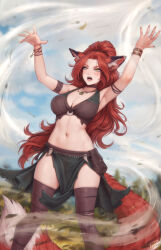 Rule 34 | 1girl, ajhira (personal ami), animal ears, armpits, blush, bracelet, breasts, choker, cleavage, cloud, commentary, english commentary, forest, fox ears, halterneck, highres, jewelry, large breasts, magic, nature, navel, necklace, open mouth, original, personal ami, red hair, sky, solo, tail, tsurime, wide hips, wind, yellow eyes