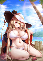 Rule 34 | 1girl, absurdres, arm support, bare shoulders, bikini, black bow, blonde hair, blue sky, blush, body writing, bow, breasts, character name, cho!cho!, cloud, cloudy sky, collarbone, crab, curvy, day, girls&#039; frontline, hair between eyes, hand in own hair, hand up, hat, hat bow, hat ribbon, highres, huge breasts, lens flare, light brown hair, long hair, looking at viewer, m37 (girls&#039; frontline), m37 (summer parader) (girls&#039; frontline), navel, ocean, off shoulder, official alternate costume, orange eyes, orange ribbon, outdoors, palm tree, ribbon, sand, sand castle, sand sculpture, sitting, skindentation, sky, smile, solo, sunlight, swimsuit, thick thighs, thighs, tree, underboob, very long hair, white bikini, white hat, wide sleeves