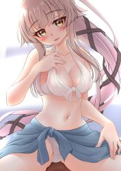 Rule 34 | 1girl, absurdres, bikini, breasts, brown eyes, cleavage, commentary request, cowboy shot, front-tie top, green sarong, hair ribbon, highres, kantai collection, lips, long hair, makura (y makura), medium breasts, navel, official alternate costume, pink hair, ponytail, ribbon, sarong, sitting, solo, swimsuit, very long hair, white bikini, yura (kancolle)