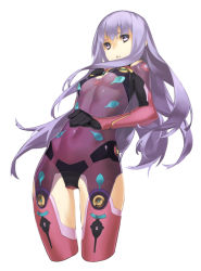 Rule 34 | 1girl, 92m, bodysuit, character request, clenched hand, cropped legs, elena zakharov, hand on own chest, highres, long hair, open mouth, parted lips, purple bodysuit, purple eyes, purple hair, simple background, solo, steel chronicle, white background