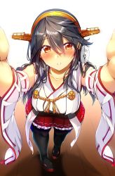 Rule 34 | 1girl, aiguillette, bare shoulders, black footwear, black hair, blush, boots, breasts, brown eyes, choker, collarbone, detached sleeves, from above, hair between eyes, hair ornament, hairband, hairclip, haruna (kancolle), head tilt, headgear, highres, japanese clothes, kantai collection, large breasts, long hair, looking at viewer, nontraditional miko, parted lips, pov, reaching, reaching towards viewer, sidelocks, skirt, smile, solo, thigh boots, thighhighs, tsukui kachou, wide sleeves