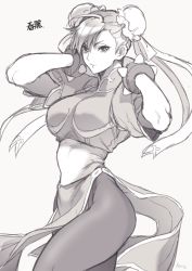Rule 34 | 1girl, artist name, bracelet, breasts, bun cover, capcom, character name, china dress, chinese clothes, chun-li, closed mouth, commentary, double bun, dress, greyscale, hair bun, hair ornament, hands up, highres, jewelry, looking at viewer, medium breasts, monochrome, pantyhose, pelvic curtain, puffy short sleeves, puffy sleeves, short sleeves, signature, simple background, sketch, smile, solo, spiked bracelet, spikes, street fighter, street fighter ii (series), takatsuki ichi, turtleneck
