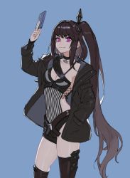 Rule 34 | 1girl, architect (girls&#039; frontline), black choker, black hair, black jacket, black tank top, black thighhighs, blue background, breasts, cellphone, choker, cleavage, girls&#039; frontline, hair ornament, hand in pocket, holding, holding phone, jacket, kahill, long hair, looking at viewer, medium breasts, open clothes, open jacket, phone, purple eyes, sangvis ferri, smartphone, smile, solo, tank top, thighhighs
