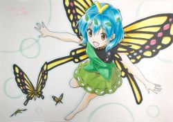 Rule 34 | 1girl, animal, antennae, aqua hair, barefoot, beluo77, blush stickers, brown eyes, bug, butterfly, butterfly wings, dated, dress, eternity larva, fairy, green dress, hair between eyes, insect, insect wings, leaf, leaf on head, multicolored clothes, multicolored dress, open mouth, short hair, short sleeves, signature, single strap, smile, solo, touhou, traditional media, wings