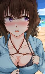 Rule 34 | 1girl, absurdres, bdsm, beach, blush, bondage, bound, breasts, brown hair, cleavage, gn nanon, highres, large breasts, medium breasts, open mouth, purple eyes, rope, shibari, swimsuit, undressing
