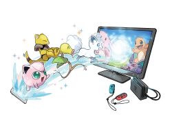 Rule 34 | abra, absurdres, alolan form, alolan vulpix, aqua eyes, artist request, bellsprout, blue eyes, cellphone, chansey, charmander, claws, closed eyes, closed mouth, computer, controller, creatures (company), english text, fangs, fire, full body, game console, game controller, game freak, gen 1 pokemon, gen 7 pokemon, happy, highres, jigglypuff, joy-con, jumping, nidoran, nidoran (male), nintendo, nintendo switch, no humans, official art, open mouth, outline, phone, pokemon, pokemon (creature), pokemon go, pokemon lgpe, red eyes, simple background, smartphone, smile, sparkle, transparent background, white outline