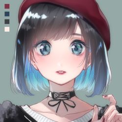 Rule 34 | 1girl, black choker, black hair, black shirt, blue eyes, blue hair, bob cut, choker, collarbone, color guide, colored inner hair, commentary request, eyelashes, grey background, hand up, hat, highres, lipstick, looking at viewer, makeup, multicolored hair, nail polish, original, parted lips, portrait, red hat, red nails, rinku (rin9), shirt, short hair, solo, two-tone hair