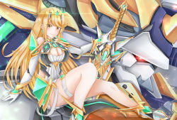 Rule 34 | 1girl, bare shoulders, blonde hair, breasts, cleavage, commentary, dress, earrings, elbow gloves, gem, gloves, hair ornament, headpiece, highres, jewelry, large breasts, long hair, looking at viewer, mythra (xenoblade), nintendo, robot, sarasadou dan, smile, solo, swept bangs, tiara, very long hair, white dress, xenoblade chronicles (series), xenoblade chronicles 2, yellow eyes