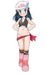 Rule 34 | 1girl, angry, beanie, blue eyes, blue hair, closed mouth, creatures (company), dawn (pokemon), game freak, groin, hainchu, hair ornament, hat, highres, long hair, looking at viewer, nintendo, pink footwear, pokemon, pokemon (anime), pokemon dppt (anime), pout, simple background, solo, torn clothes, torn legwear, white background