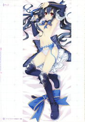 Rule 34 | 1girl, absurdres, armpits, bed sheet, black hair, blush, boots, breasts, bridal gauntlets, convenient censoring, full body, garter belt, hair ornament, highres, long hair, looking at viewer, lying, medium breasts, navel, neptune (series), noire (neptunia), official art, on back, on bed, open mouth, panties, red eyes, ribbon, scan, solo, thigh boots, thighhighs, topless, tsunako, twintails, underwear, underwear only, undressing, very long hair
