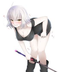 Rule 34 | 1girl, ahoge, bent over, black dress, black footwear, blush, boots, breasts, cleavage, collarbone, commentary request, dress, dress tug, embarrassed, fate/grand order, fate (series), heavy breathing, highres, holding, holding sword, holding weapon, jeanne d&#039;arc (fate), jeanne d&#039;arc alter (avenger) (fate), jeanne d&#039;arc alter (fate), koro (tyunnkoro0902), large breasts, leaning forward, looking at viewer, off-shoulder dress, off shoulder, pale skin, scowl, short dress, short hair, silver hair, solo, sweat, sword, weapon, yellow eyes
