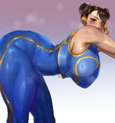 Rule 34 | 1girl, absurdres, armpits, artist name, bare shoulders, blue unitard, blush, bow, breasts, brown eyes, brown hair, capcom, china dress, chinese clothes, chun-li, double bun, dress, eyeshadow, hair bun, highres, huge breasts, looking at viewer, makeup, mili leona orochi, plump, red eyeshadow, signature, skin tight, solo, steaming body, street fighter, striped, thick thighs, thighs, unitard, yellow bow
