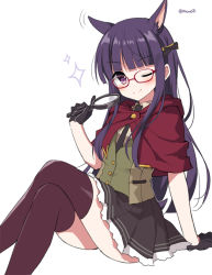 Rule 34 | 1girl, ;), animal ear fluff, animal ears, arm support, bespectacled, black gloves, black necktie, black skirt, blunt bangs, blush, brown jacket, brown shirt, brown thighhighs, capelet, collared shirt, commentary request, crossed legs, feet out of frame, glasses, gloves, green vest, half gloves, holding, jacket, kasumi (princess connect!), knees up, long hair, looking at viewer, magnifying glass, mauve, necktie, one eye closed, pleated skirt, princess connect!, purple eyes, purple hair, red-framed eyewear, red capelet, shirt, simple background, sitting, skirt, smile, solo, sparkle, split mouth, thighhighs, twitter username, very long hair, vest, white background