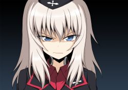 Rule 34 | 1girl, angry, black background, black hat, black jacket, blue eyes, closed mouth, commentary, dress shirt, frown, garrison cap, girls und panzer, glaring, gradient background, hat, highres, insignia, itsumi erika, jacket, kamishima kanon, kuromorimine military uniform, long sleeves, looking at viewer, medium hair, military, military hat, military uniform, portrait, red shirt, shirt, silver hair, simple background, solo, throat microphone, uniform, v-shaped eyebrows, wing collar