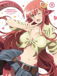 Rule 34 | 10s, 1girl, absurdres, belt, blush, breasts, cover, cowboy shot, dvd cover, fang, female focus, hair ornament, highres, huge breasts, lamia, long hair, looking at viewer, miia (monster musume), monster girl, monster musume no iru nichijou, navel, official art, one eye closed, open mouth, pointy ears, red hair, shirt, simple background, skirt, sleeves rolled up, slit pupils, smile, solo, tail, tied shirt, v, very long hair, white background, yellow eyes