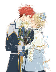 Rule 34 | 2boys, amagi hiiro, black gloves, blonde hair, blue ribbon, blush, closed eyes, collared shirt, commentary request, covered mouth, earrings, ensemble stars!, flower, frills, gloves, hand on another&#039;s chest, hand on another&#039;s head, hat, holding, holding flower, jewelry, kiss, leaf, long sleeves, multiple boys, partial commentary, red hair, ribbon, seuga, shiratori aira, shirt, short hair, white gloves, yaoi
